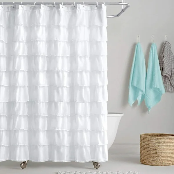 White Shower Curtain with Ruffles in Rustic Style, Sheer Fabric for Bathroom, 183 cm