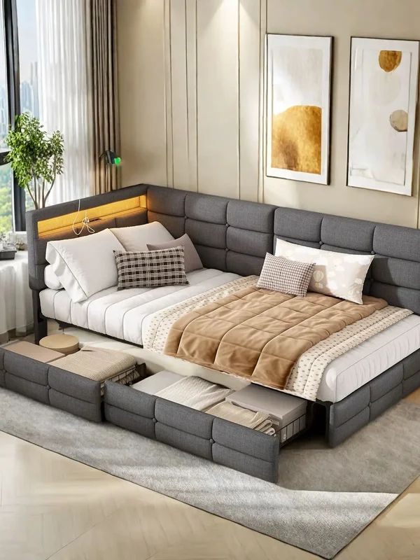 AliExpress - Einzelbett 90x200 cm, mit LED-Lichtleiste und Ladeanschluss, 2 Schubladen, Bettgestell, Kinderbett, Bettwäsche, grau