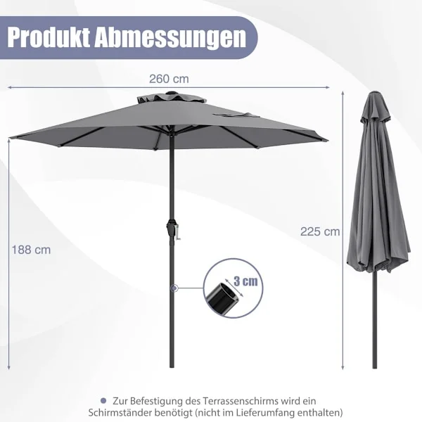 Parasoll 250 cm med vev, 8 ribbor, grå