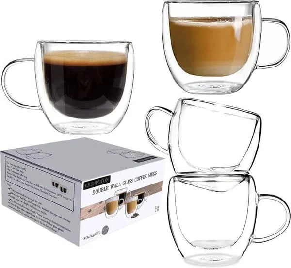 Dobbeltvægget glaskrus, kaffekrus i borosilikatglas med hank til te, cappuccino, mælk, juice, sæt med 4 (150 ml)[DB]