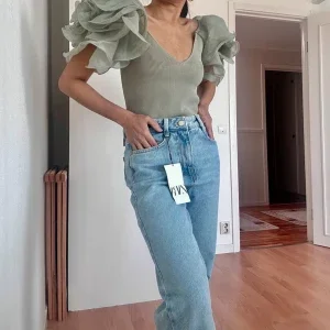 Grön organza puffärmar top från Zara