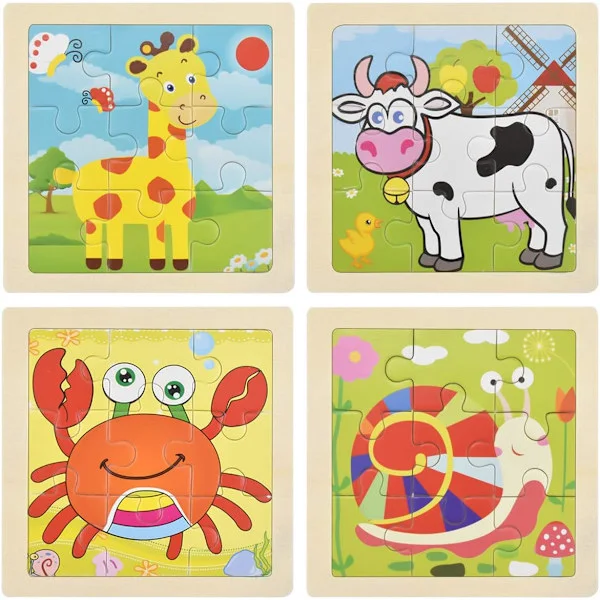 Trepuslespill for småbarn, Mini Kids Stikksag leketøy, 4 pakke 9 brikker