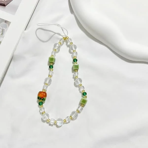 【HT】Anti-Lost Perle Telefon Halskæde Håndledsrem Kaki Trendy Krystal Perle Mobiltelefon Kæde Telefon Charm Perle Snor-tfrf
