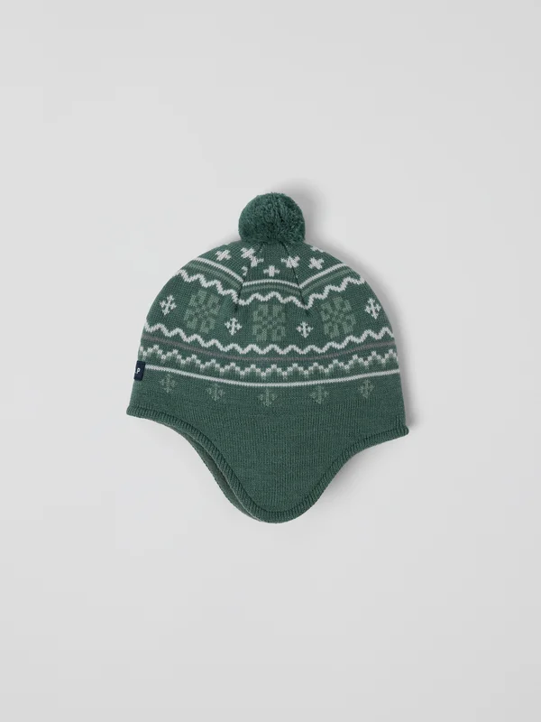 Polarn O. Pyret - Windproof fleece lined hat wool blend jacquard - green - Storlek: 52 - 54 - Children's clothing 2-9 Years