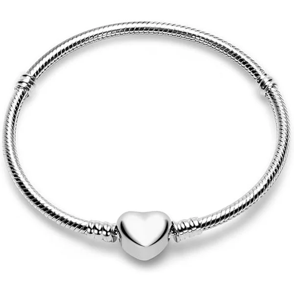 Charmarmbånd til kvinder Sølv Smykker Moments Hjerte Lås Slangekæde Armbånd Passer til alle Charms Gave til kvinder og piger