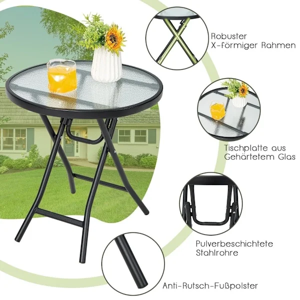 Terrasse spisebord rundt glasbord med hærdet glas bordplade 46,5 x 46,5 x 47,5 cm sort
