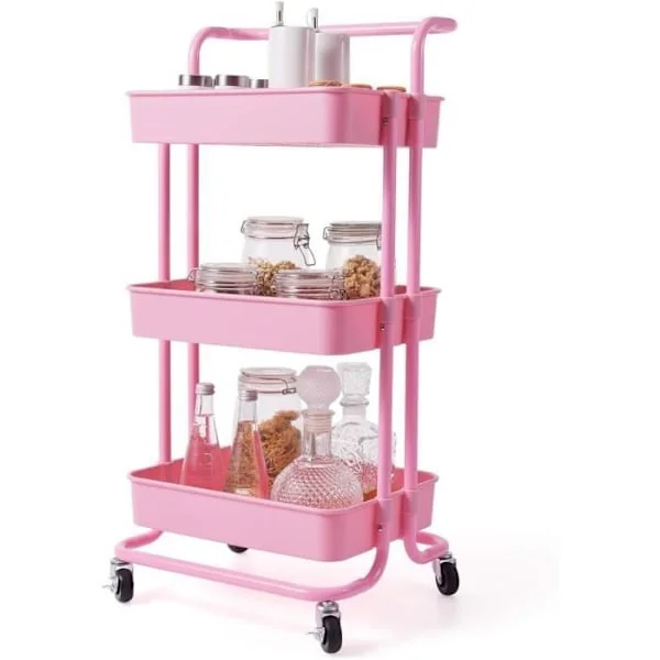 COSTWAY 3 Basket Opbevaringsvogn med Håndtag, Anti-Rust Metal Serveringsvogn, Trolley med Hjul Pink