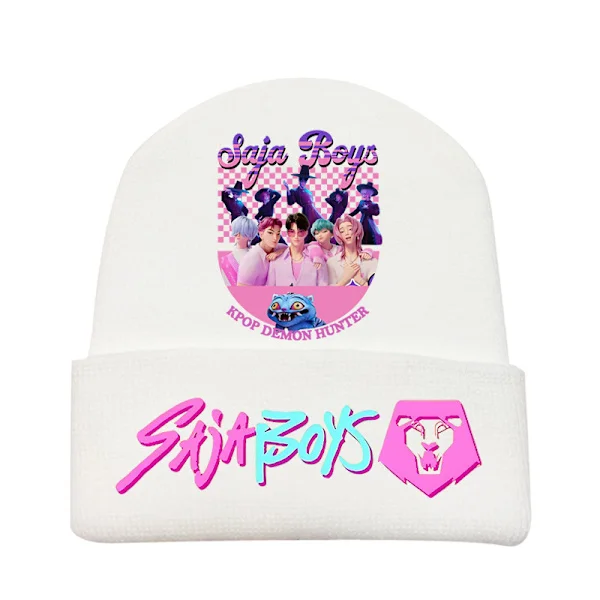 KPOP DEMON HUNTER omgivande stickad mössa krullad ullmössa tryckt beanie utomhus kall mössa vuxen Vit - 4