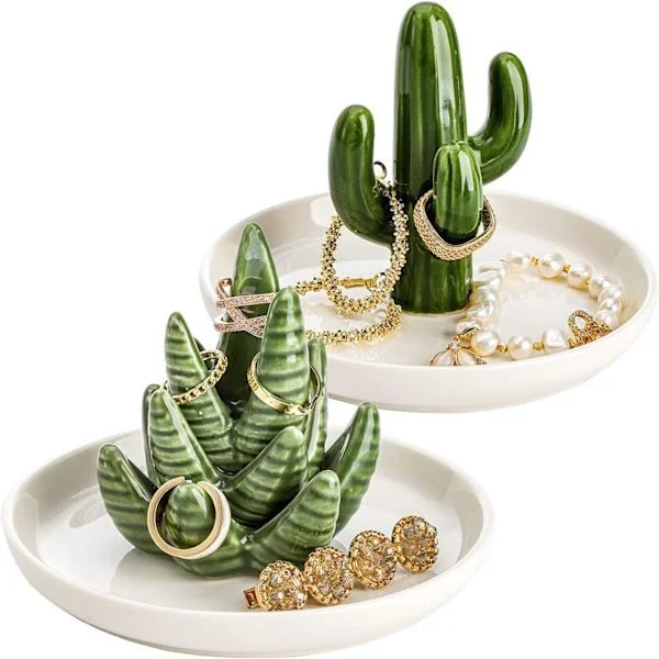 Set of 2 Aloe and Cactus Ring Holder Dish, Ceramic Jewelry Dish Bracelet Earrings Necklace Organizer, Decorative Trinket Dish for Wedding