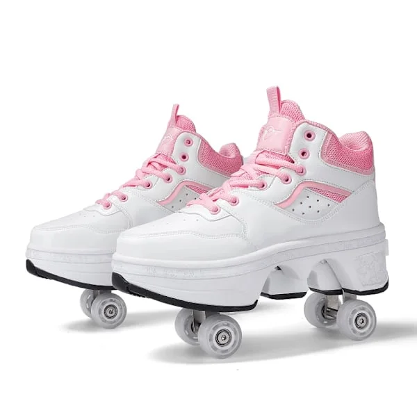 Unisex Youth Deformation Skating Shoes Four Wheels Rounds Of Roller Skate Shoes Casual Sneakers Deform Roller Shoes Red