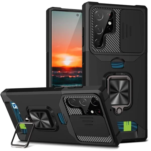 Armerat Ringfäste Kortficka Linsskydd Skjutbart Fönster Skydd Mobiltelefonfodral för Samsung S24 23 22 21ULTRA NOTE20 Militär Kvalitet
