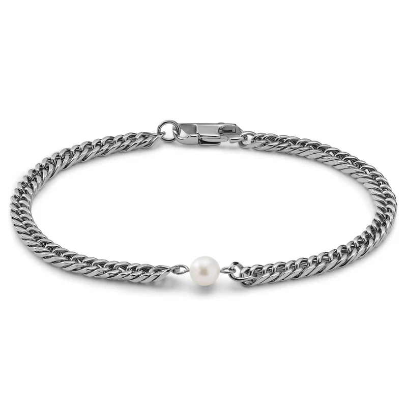 Ocata | Silver-Tone Cuban Chain & Pearl Bracelet for Men - Steel bracelets