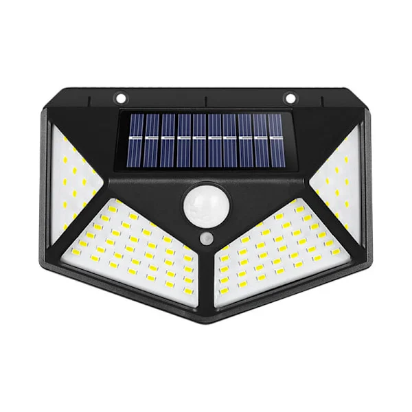 Solar vegglampe for hjemmet med 100 LED-lys, bevegelsessensor, utendørs, hage, oppladbart solcellepanel, vegglampe, for innendørs og utendørs bruk