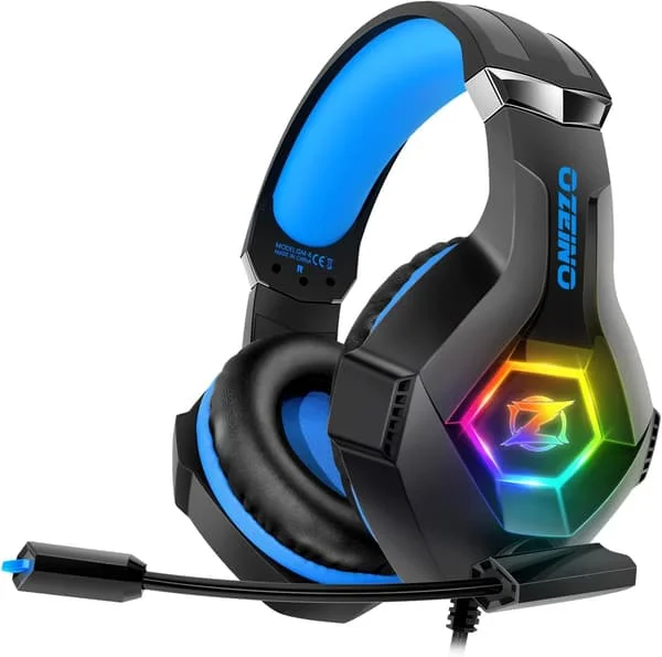 Gaming Headset PS5 PS4 Headset with 7.1 Surround Sound, Gaming Headphones with Noise-Cancelling Flexible Microphone RGB LED Light Memory Ea
