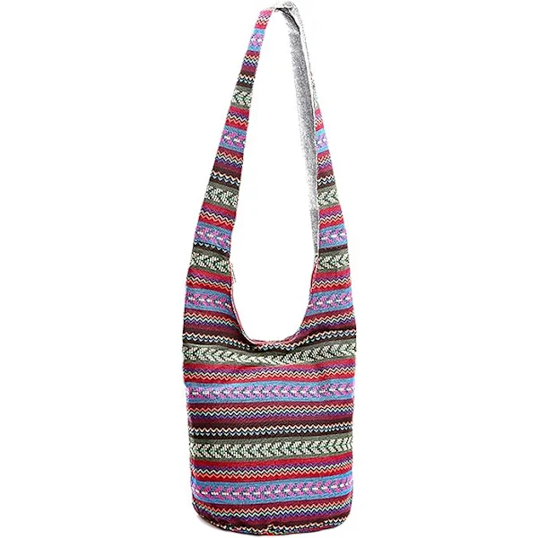 Women's Shoulder Bag, Bohemian Canvas Thai Handmade Crossbody Bag, Ethnic Style Large Handbags (Wine Red)