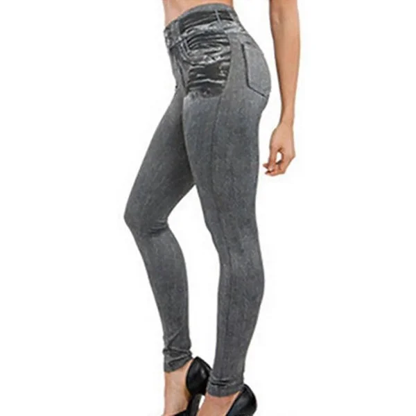 Yoga Hot Style Dam Hög Midja Termobyxor Faux Denim Jeggings Leggings Jeans