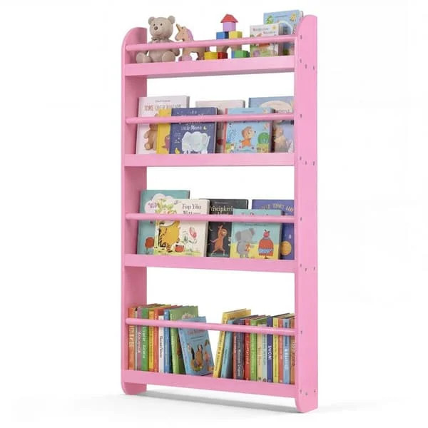 Barnväggsbibliotek - COSTWAY - Förvaringshylla, För att organisera böcker, 4 nivåer, Träleksaker i MDF, 3+ år, 56x12x107cm, Rosa