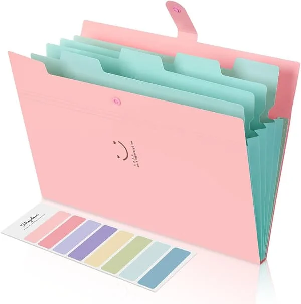Pink Ekspanderende Arkivmappe med 5 Lommer, A4 Papir Harmonika Dokument Organizer