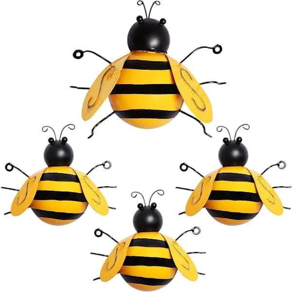 4-pack Metal Bee Wall Art Sculptures Garden Decorations, Hanging Bee Wall Decor Indoor Outdoor Garden Lawn Decor