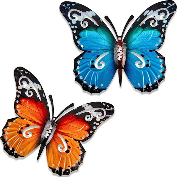 2 Pcs Large Metal Butterfly Outdoor Decorations, Metal Wall Art for Outdoor Walls, Fences, 27 x 22 cm, Blue and Yellow