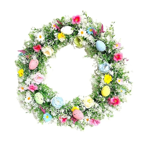 13,8 tums påskkrans med blommor och snöre för upphängning på ytterdörren, väggen inomhus eller utomhus - WELLNGS