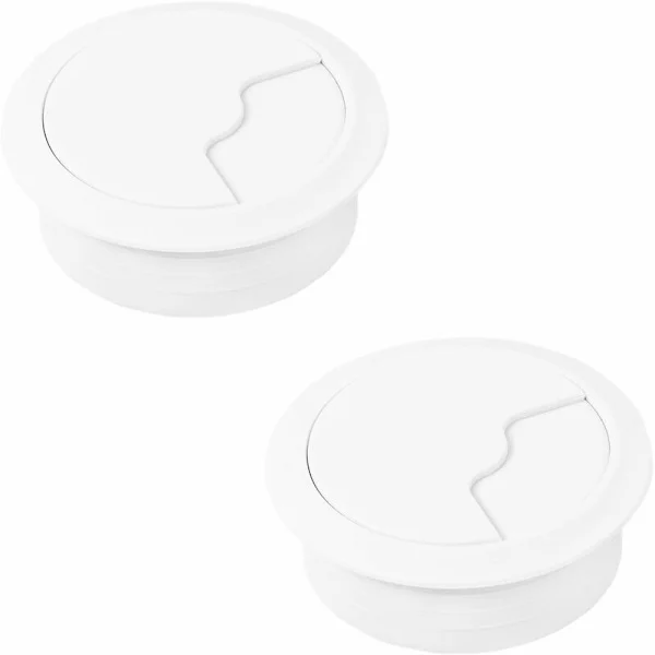 Forsænket kabelgennemføring til kontorbrug – Hvid PVC-plast – 80 mm diameter, 94 mm øje – Pakke med 2 til USB- og strømkabler
