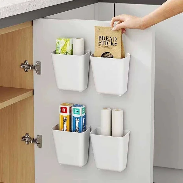 4-pakning selvklebende veggmonterte oppbevaringsbokser, ABS-plast, ingen boring, skapdørarrangør for kjøkken, bad, skrivebord, hvit 14 x 9 x 15 cm