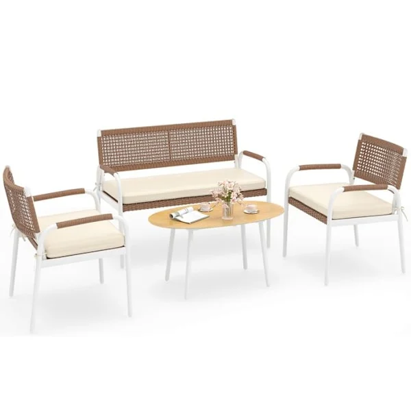 4-delt Patio Møbel Sæt COSTWAY, 2-Personers Sofa i PE Rattan, 2 Stole med Bløde Puder, Bord i Sikkerhedsglas