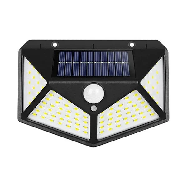 Solcellevegglampe for hjemmet med 100 LED-lys, bevegelsessensor, utendørs, hage, oppladbart solcellepanel, vegglampe, for innendørs og utendørs