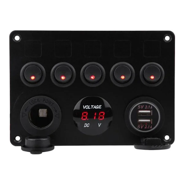 5 uppsättningar vippströmbrytarpanel på-av dubbel digital voltmeter USB-uttag laddning för bil marin husbil lastbil röd