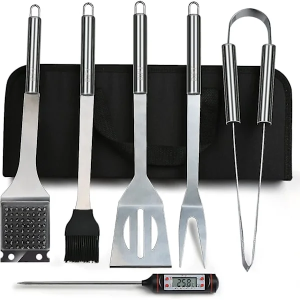 6 i 1 Grillbestick Väska + Bbq Termometer Rostfritt Stål Grillbestick Set 6 Delar