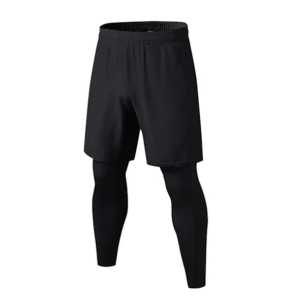 Mænd 2 i 1 atletiske leggings løbebukser strækbare hurtigtørrende træningsbukser med lommer til udendørs sport sort XXL