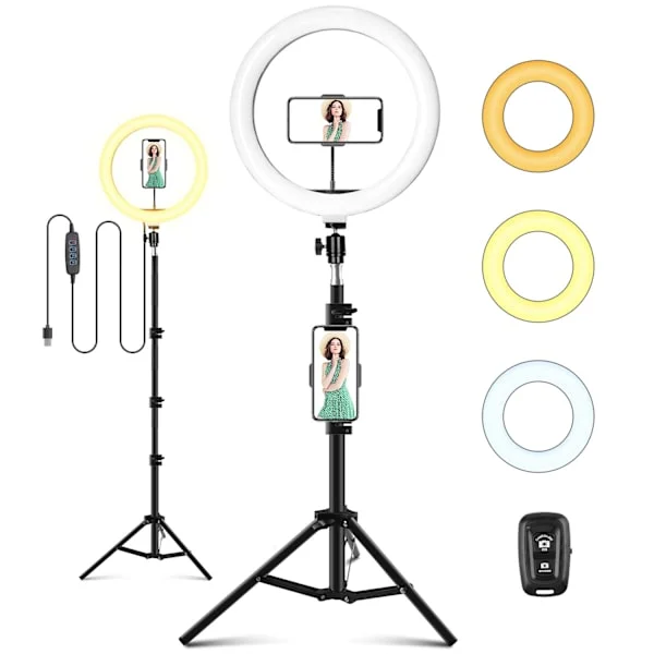 LED Selfie Ring Light med Stativ, 10 " Ring Light med Trådløs Fjernbetjening til Makeup, YouTube, TikTok, USB-drevet med 3 Lystilstande