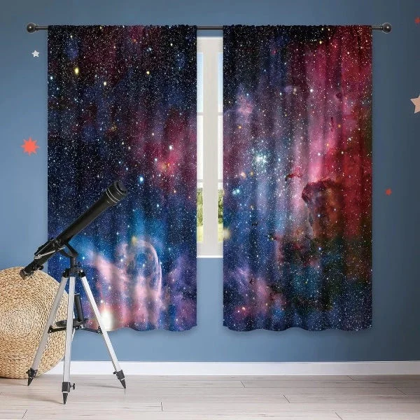 Barn Pojkar Gardiner Yttre rymden Stångficka (2 delar 150cm*180cm) Blå Planet Nebulosa Kosmisk Svart Psykedelisk Stjärnklar_tfrf