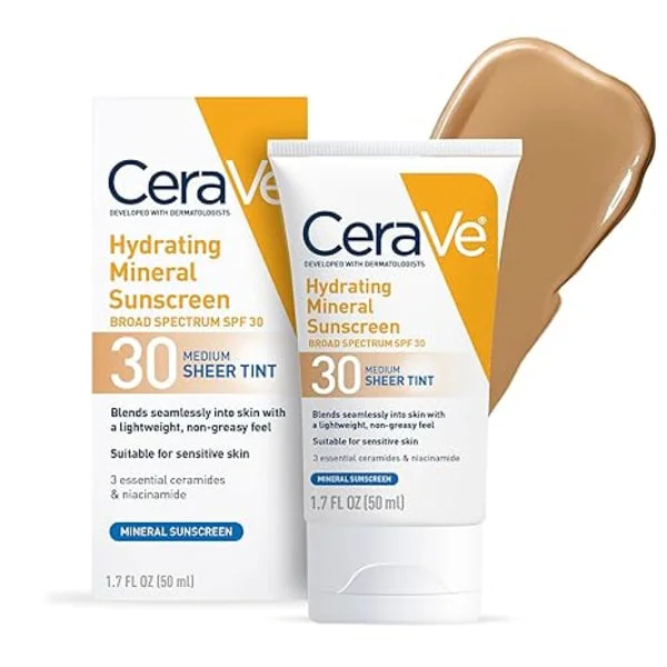 CeraVe Tonet Mineral Solkrem SPF 30, Fuktighetsgivende Ansiktssolkrem med Sinkoksid og Titandioksid, Gjennomsiktig Tone for Sunn Glød, 50 ml SPF 30