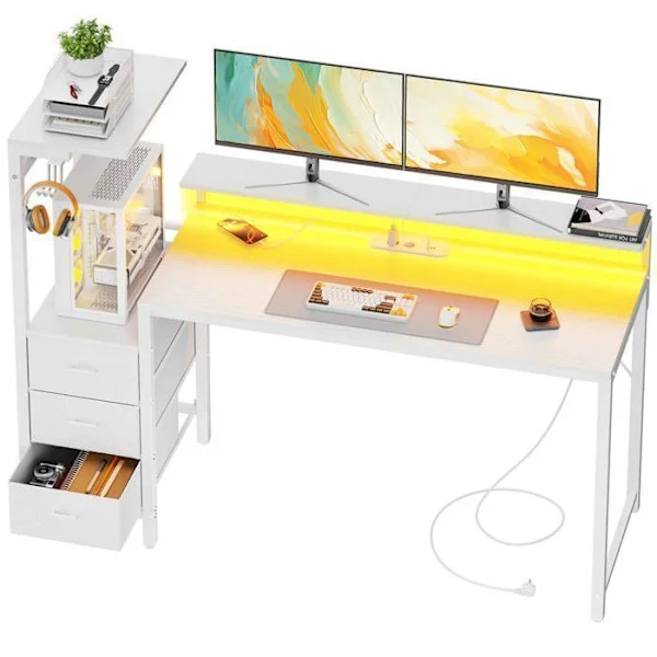 EcoFurnix Bureau gaming med LED 152 cm – Datorbord med skärmstöd, förvaringshylla och tyglåda – Vit