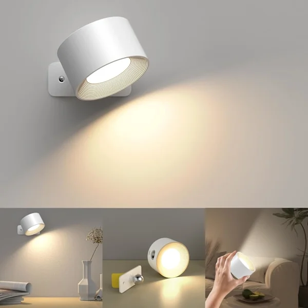 Vägglampa inomhus, USB-uppladdningsbar vägglampa, 3 färger och 3 nivåer LED inomhus 360° roterbar touchkontroll sladdlös vägglampa-FX-