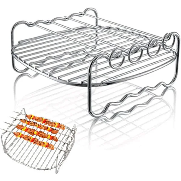 Grillspettställ Airfryer 17 x 17 x 7 cm, Airfryer-tillbehör, Tillbehör till varmluftsfritös, Rostfritt stål, Air Fryer-tillbehör, Två lager