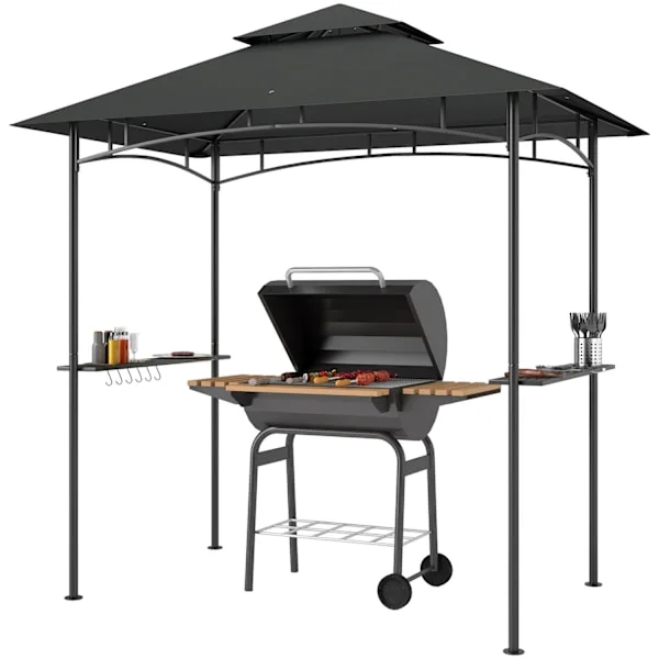 Grillpaviljong med LED 240 x 150 x 258 cm vattenavvisande flamskyddad trädgårdspaviljong med dubbelskiktstak, sidohyllor, lusthus med UV-skydd, BBQ-pa
