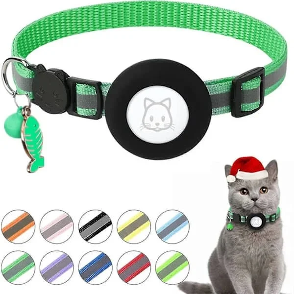 Justerbart Airtag-halsband för katt GPS Reflekterande halsband med Airtag-hållare Säkerhetsspänne och klocka & fiskbenshänge
