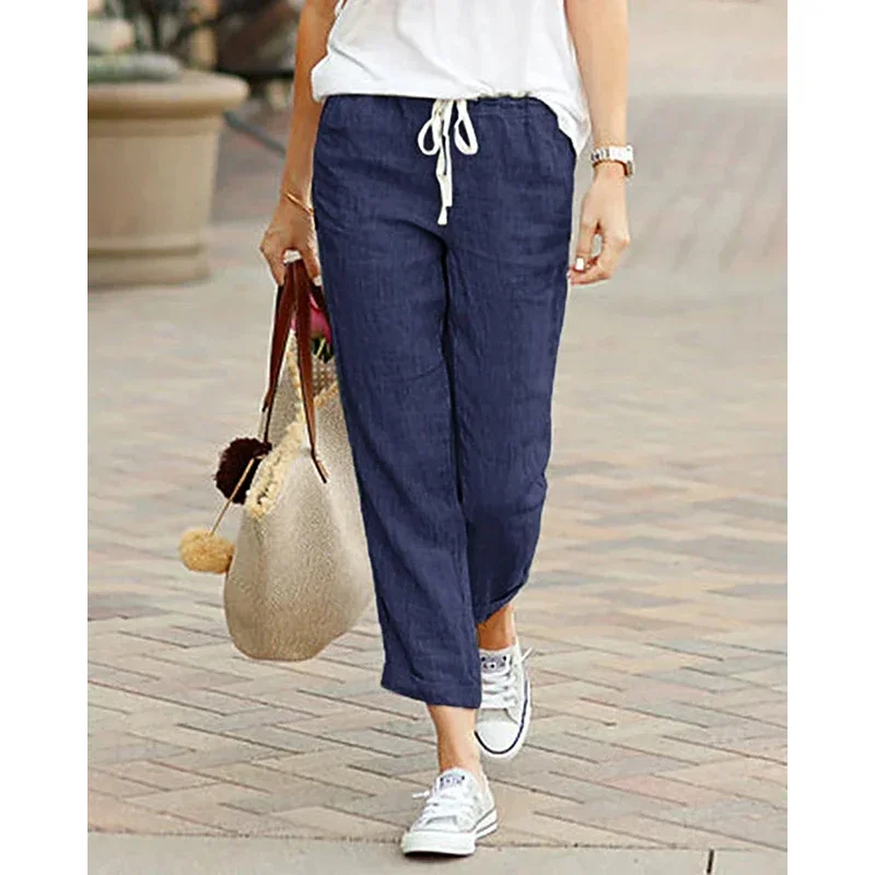 AliExpress - 2026 Lässige Damenhosen Frühling Sommer Einfarbig Hohe Taille Kordelzug Elastische Knöchellange Hosen mit Taschen Haremshosen