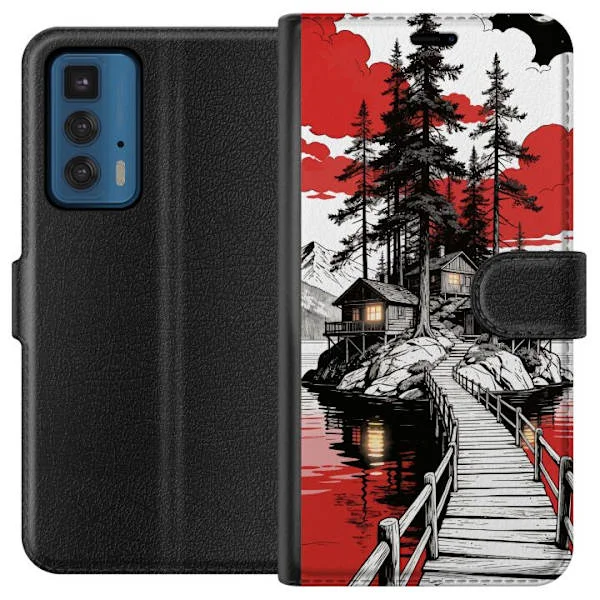 Compatible Wallet Case for Motorola Edge 20 Pro Detailed nature motif with cabins by lake and dramatic red sky red