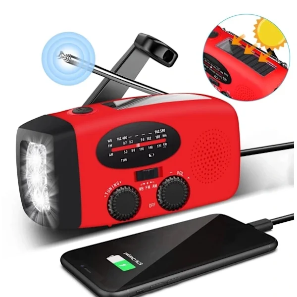 Musta/Punainen Käsikäyttöinen Radio Aurinkokennoilla, Taskulamppu ja 2000mAh Virtapankki Hätäradio, Survival 200
