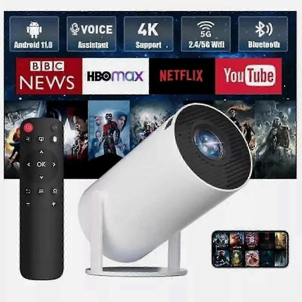 5G 4K Projektor Smart HD LED WiFi Bluetooth HDMI. USB Android Kontor Hemmabio