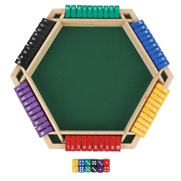 Shut the Box-terningspill - Shipenophy - Lukk boksen-terningspill - 6 spillere - 6 farger - trebord