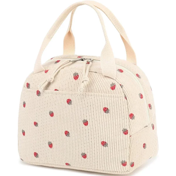 Insulated Lunch Bag, Small Lunch Tote, Quilted Tote Bag for Women, Insulated Bag with Front Pocket (Beige Strawberry)