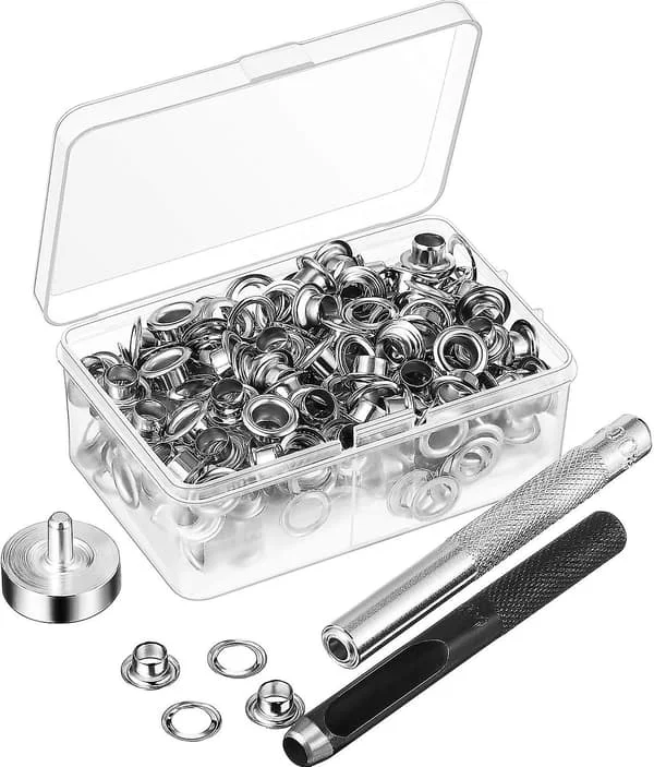 Öljettverktygssats, Präglingsverktyg och 100 set öljetter med förvaringslåda (6 mm innerdiameter)