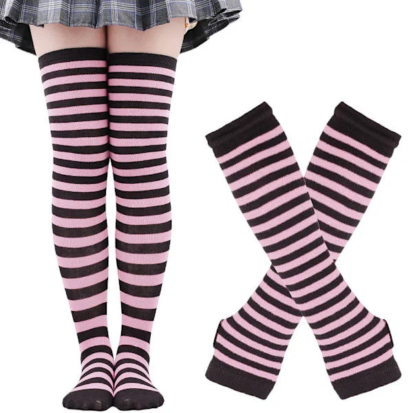 Long Knitted Mittens Knee-High Striped Socks Leggings Fancy Dress Costume Accessories 2 Pair Set, Black and Purple, One Size Pink-FY[BT] Pink