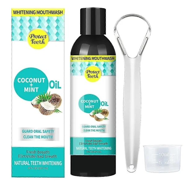Kokosnøttolje for oljetrekking, munnskyll med mynteolje og tungeskraper, naturlig kokosnøttolje for frisk pust, hvite tenner og sunt tannkjøtt 237ml