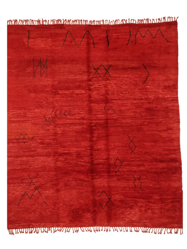Hand Knotted Berber Moroccan - Mid Atlas 345X390 Wool Rug Dark Red Large